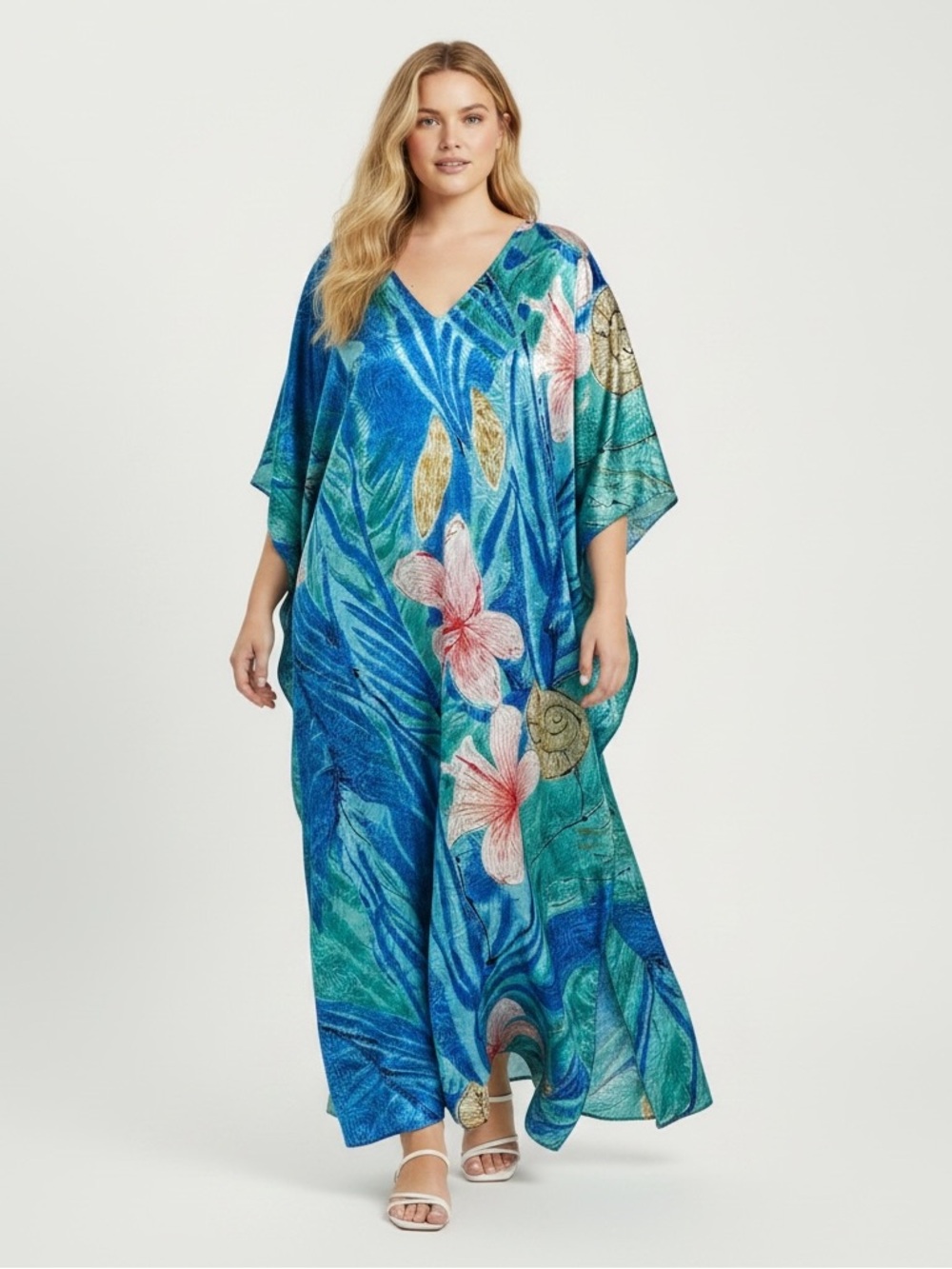 VINTAGE SANTE Satin Floral & Seashell Maxi Kaftan Coverup